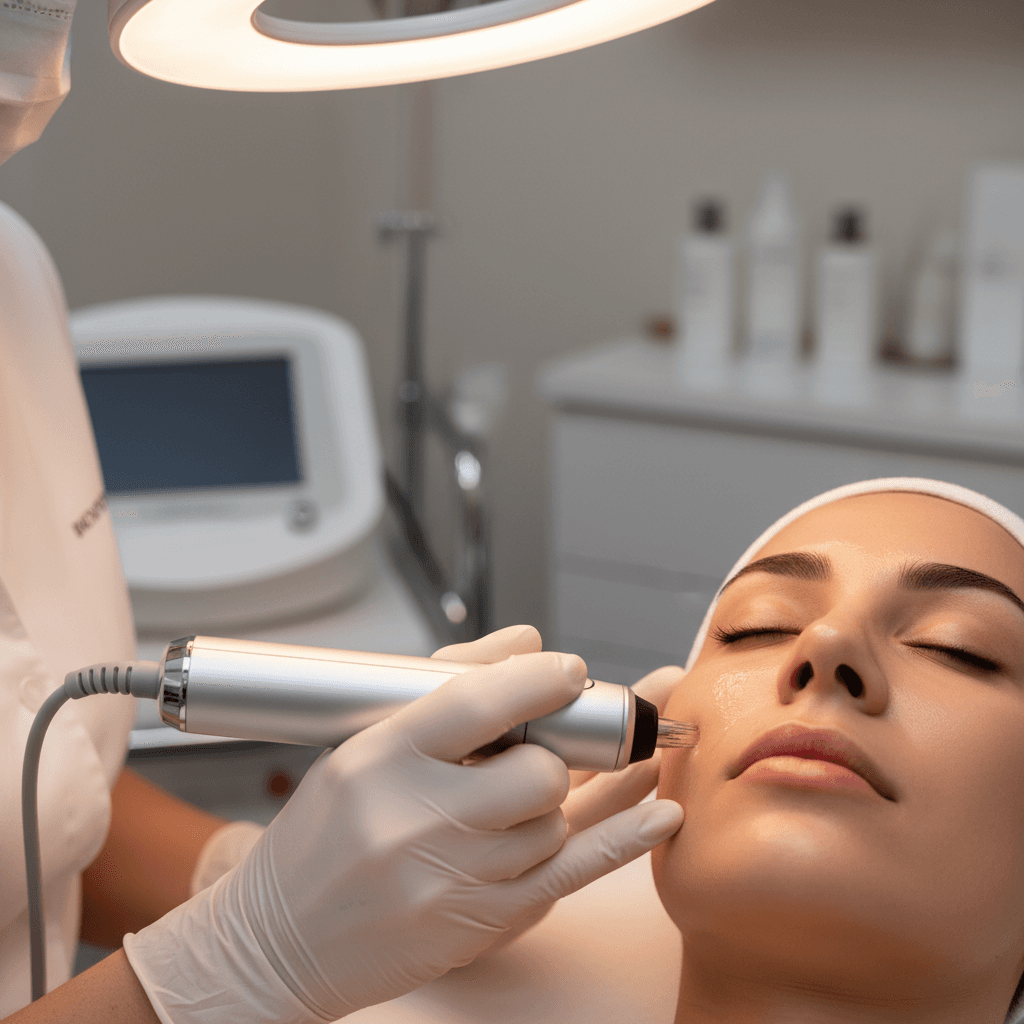 Aesthetician performing microneedling treatment on client's face with professional medical device in spa setting