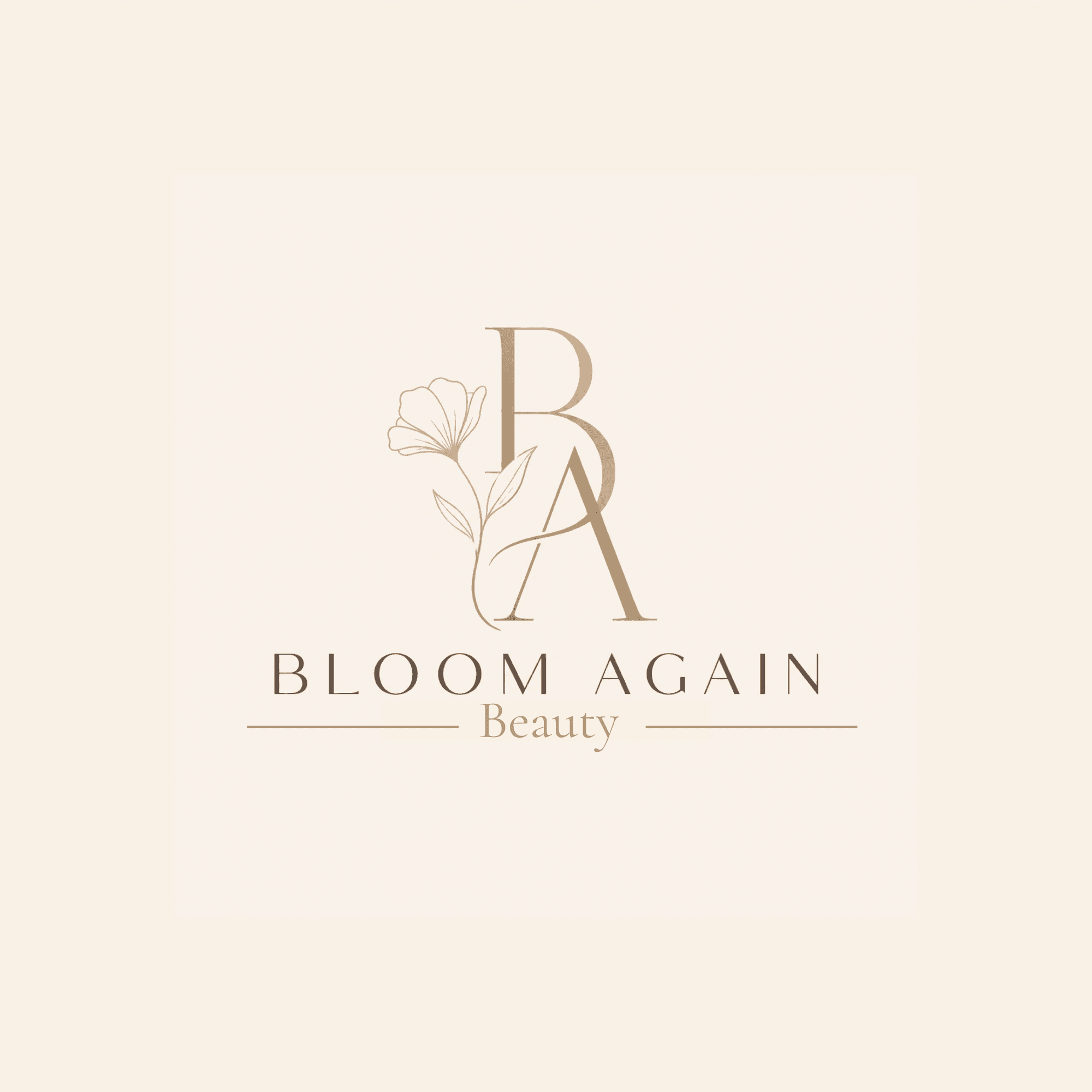 Bloom Again Beauty logo featuring intertwined B and A initials with a delicate floral illustration.